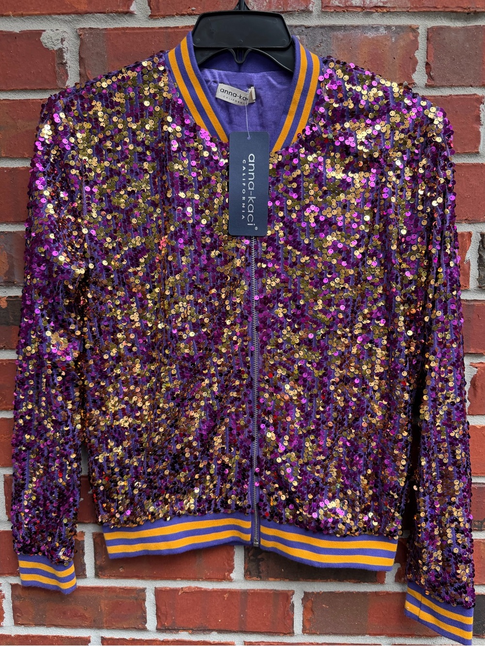NWT Anna-Kaci LSU Tigers M Sequin Stripe Cuff Bomber Zip-Up Varsity Jacket P4